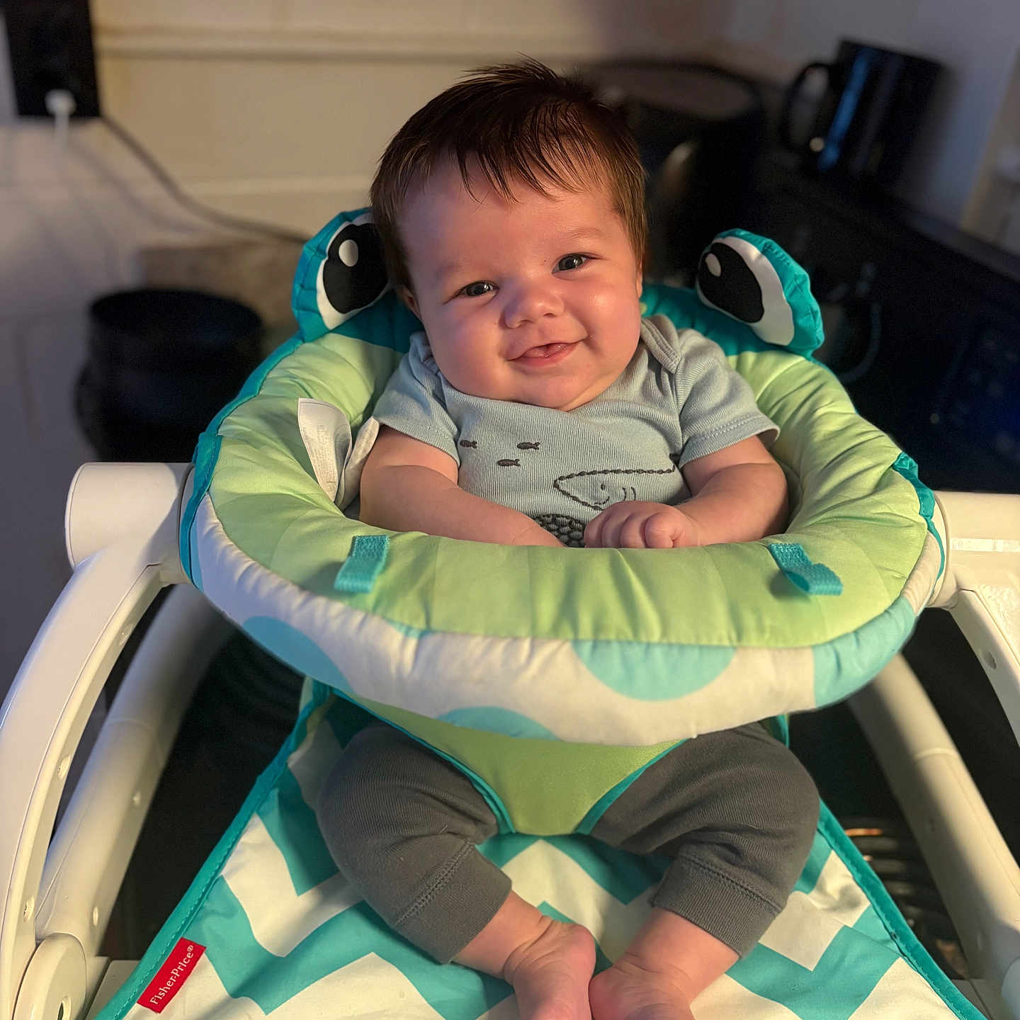 Wesson Ryan joined the competition — help win amazing prizes! baby, baby_seat, child, closeup, clothing, comfort, cushion, cute, face, feet, fisher_price, happy, indoors, infant, legs, person, portrait, smiling, soft, toy