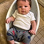Wesson Ryan joined the competition — help win amazing prizes! baby, infant, child, white_tshirt, gray_pants, vehicle_prints, plastic_baby_seat, tiled_floor, beige_rug, indoor, cute, chubby_cheeks, sitting, portrait, young_child, floor_tiles, casual_clothing, baby_garment, comfortable, curious_eyes