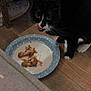 cat, tuxedo_cat, animal, pet, paper_plate, chicken_bones, food, wood_floor, whiskers, paw, licking, sneaker, shelf, furniture, dumbbell, indoor, close_up, black_and_white, plate, messy
