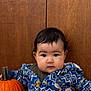 baby, pumpkin, autumn, child, pacifier, blue_jacket, knit_pants, wooden_background, cute, indoors, fall, seasonal, sitting, face, portrait, warm_colors, cozy, holiday, decor, person