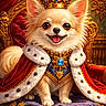 Wrap a rejoint le concours — aidez-le/la à gagner de superbes lots ! dog, chihuahua, crown, royalty, throne, red_robe, blue_cushion, golden_decoration, smiling, cute, luxury, portrait, indoor, animal, pet, furry, small_dog, costume, happy, majestic