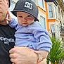 Kas is registered to the contest to win money with this photo: baby, child, person, adult, hat, cap, clothing, hand, face, outdoor, building, window, plant, fence, street, portrait, holding, casual, daylight, expression
