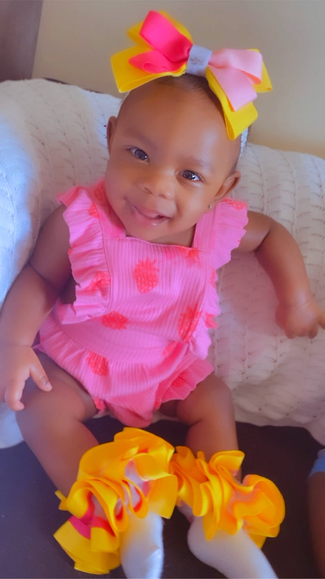 Kaylinn joined the competition — help win amazing prizes! baby, baby_toddler_clothing, cheek, child, finger, fun, happy, head, headgear, joy, magenta, orange, people, person, petal, pink, product, skin, smile, textile