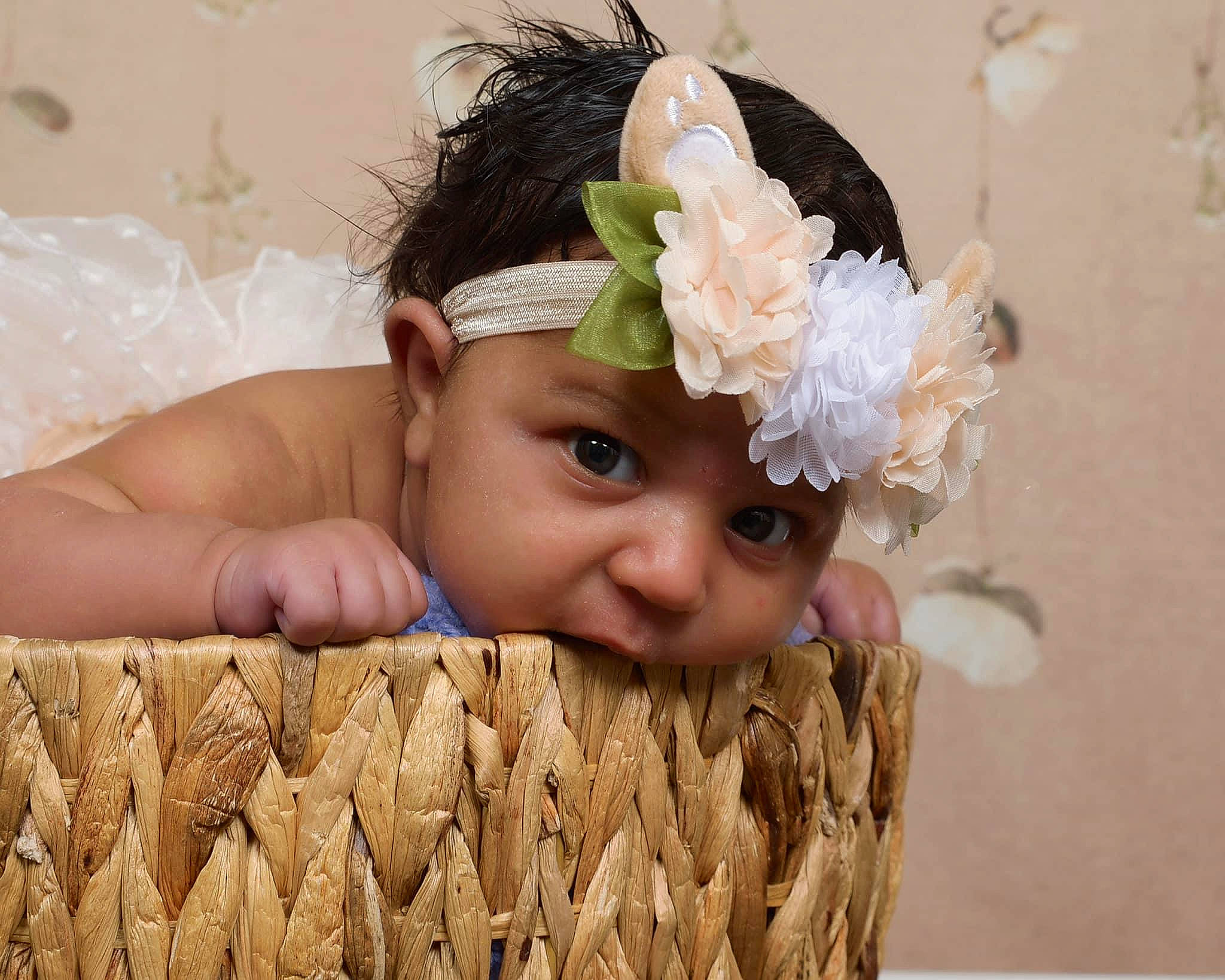 Nahla joined the competition — help win amazing prizes! artificial_flower, baby, basket, bridal_accessory, chin, eye, eyelash, finger, flower, hand, happy, headband, headpiece, headwear, jewellery, person, petal, skin, textile, toddler