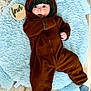 Luca joined the competition — help win amazing prizes! baby, infant, onesie, bear_costume, blue_mat, plush, wooden_sign, four_months, floor, cute, expression, soft_texture, lying_down, indoors, child, person, clothing, footwear, warm_clothes, baby_face