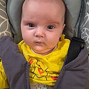 Judith participe au concours pour gagner de l'argent avec cette photo : baby, infant, child, car_seat, seat_belt, yellow_shirt, elephant_print, clothing, face, head, eyes, serious_expression, indoor, patterned_fabric, child_seat, straps, cute, portrait, young_child, baby_clothes