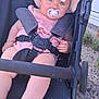 Remi-Mae joined the competition — help win amazing prizes! baby, child, stroller, pacifier, hat, pink_clothing, outdoor, sunhat, blue_eyes, cute, infant, sitting, straps, foot, hand, curious, person, summer, seat, relaxed
