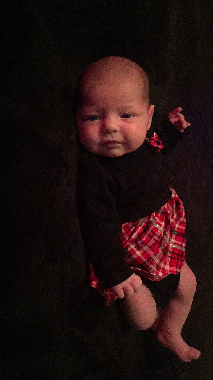 Celina is registered to the contest to win money with this photo: baby, baby_toddler_clothing, cheek, collar, darkness, elbow, finger, flash_photography, fun, knee, lip, mouth, nose, person, plaid, skin, sleeve, standing, tartan, toddler