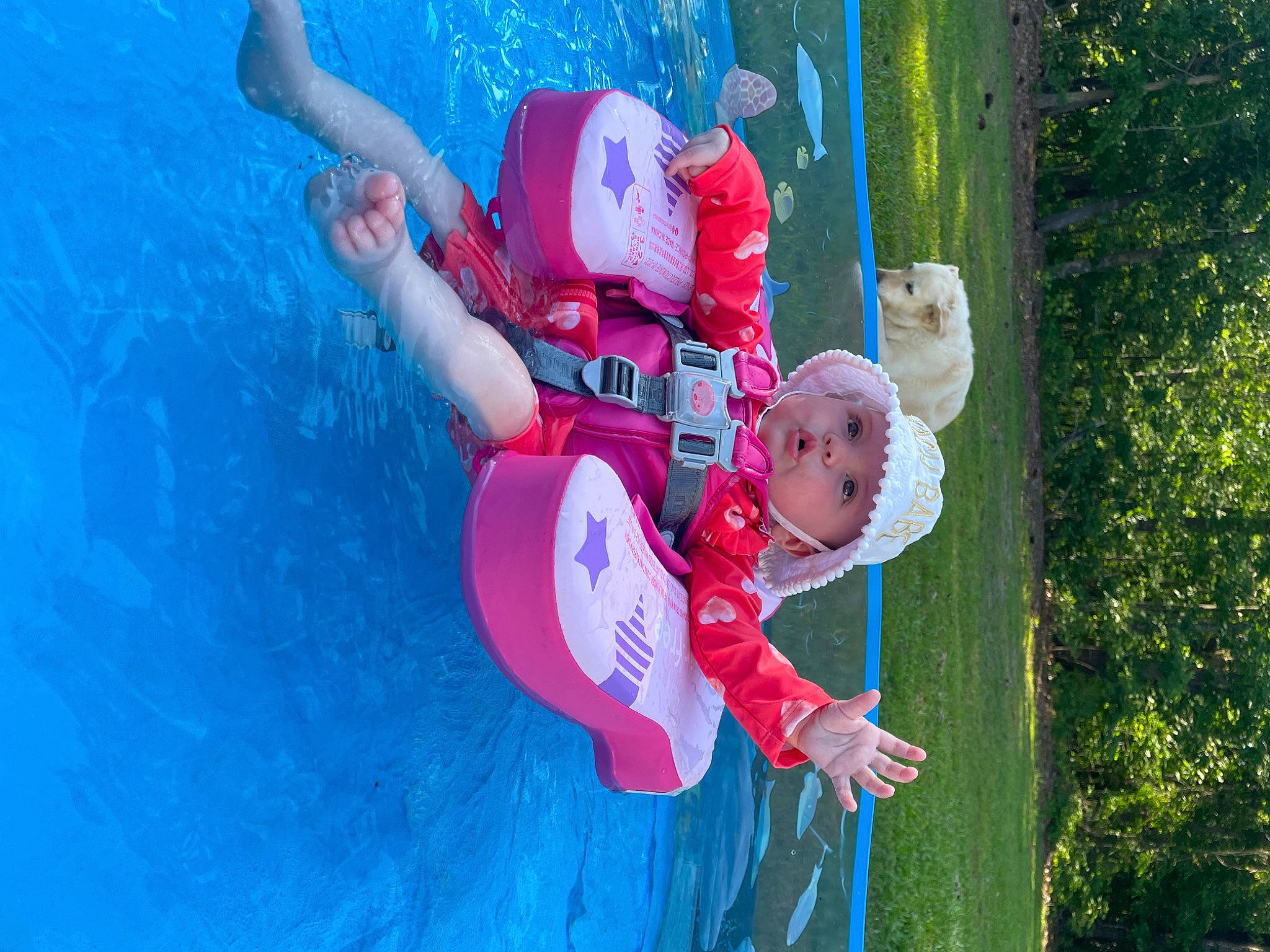 Hensley joined the competition — help win amazing prizes! blue, fictional_character, fun, grass, happy, headwear, inflatable, leisure, organism, outdoor_recreation, people_in_nature, person, personal_protective_equipment, plant, recreation, swimming_pool, toddler, tree, underwater, vertebrate