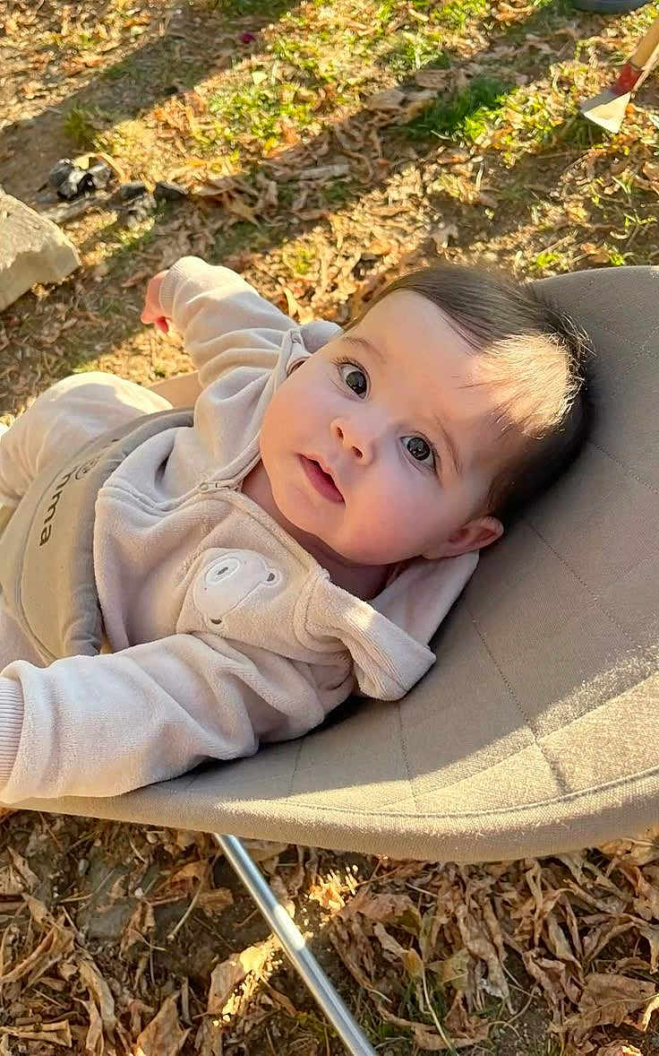 Damir a rejoint le concours — aidez-le/la à gagner de superbes lots ! baby, child, outdoor, sunlight, fall_leaves, earth, chair, clothing, face, person, young_child, curious, cozy, beige, nature, daylight, portrait, infant, relaxing, casual