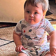 Braxton joined the competition — help win amazing prizes! toddler, child, baby, sitting, carpet, indoors, cute, clothing, patterned_outfit, expression, face, hand, foot, home, furniture, floor, portrait, young_child, person, casual