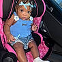 Kaira joined the competition — help win amazing prizes! toddler, child, car_seat, braided_hair, blue_bows, blue_top, denim_shorts, white_sneakers, car_interior, pink_car_seat, cute, portrait, young_child, fashion, casual_clothing, seatbelt, window, looking_at_camera, indoor, person