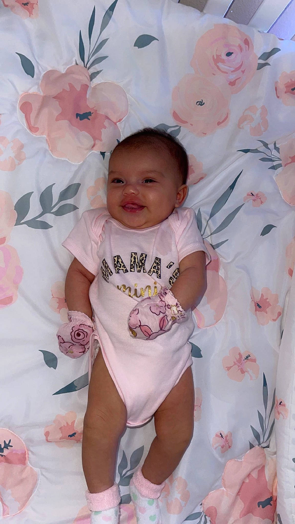 Adelina is registered to the contest to win money with this photo: baby, baby_products, baby_toddler_clothing, cheek, child, eye, happy, linens, magenta, pattern, peach, person, pink, room, skin, sleeve, smile, t_shirt, thigh, toddler