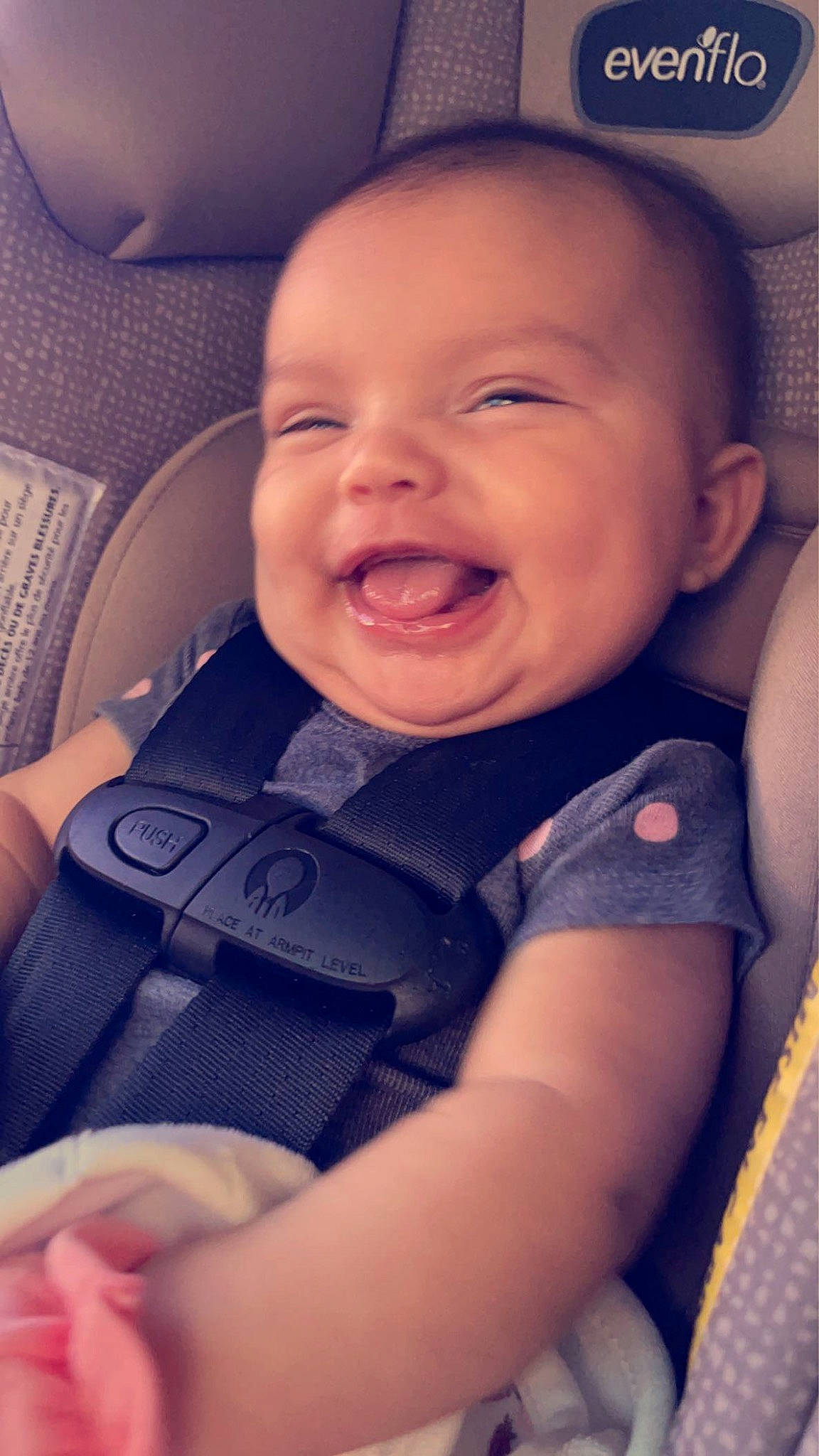 Adelina joined the competition — help win amazing prizes! baby, baby_toddler_clothing, car_seat, cheek, child, comfort, eyebrow, finger, gesture, happy, iris, mouth, nose, person, product, purple, skin, smile, thumb, toddler
