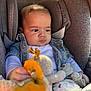 baby, car_seat, plush_toy, pacifier, denim_jacket, child, infant, seatbelt, soft_toy, clothing, portrait, indoor, cute, person, young_child, comfort, focus, child_seat, expression, hand