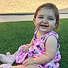 toddler, child, smiling, outdoor, grass, pink_dress, shoes, happy, baby, sitting, cute, portrait, sunlight, face, person, young_child, casual_clothing, daytime, playful, nature