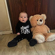 Lorenzo participe au concours pour gagner de l'argent avec cette photo : baby, black_clothing, child, cute, door, expression, floor, flooring, footwear, indoor, person, plush, sitting, stuffed_animal, teddy_bear, toy, wall, wood, wooden_floor, young_child