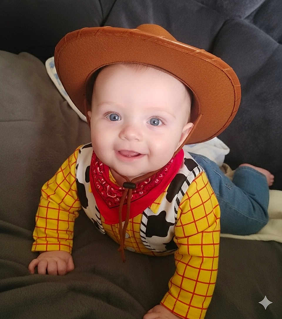 Lennie-Jax joined the competition — help win amazing prizes! baby, blue_jeans, child, clothing, costume, couch, cowboy, cute, face, feet, hand, happy, hat, indoor, infant, person, portrait, red_bandana, smiling, yellow_shirt