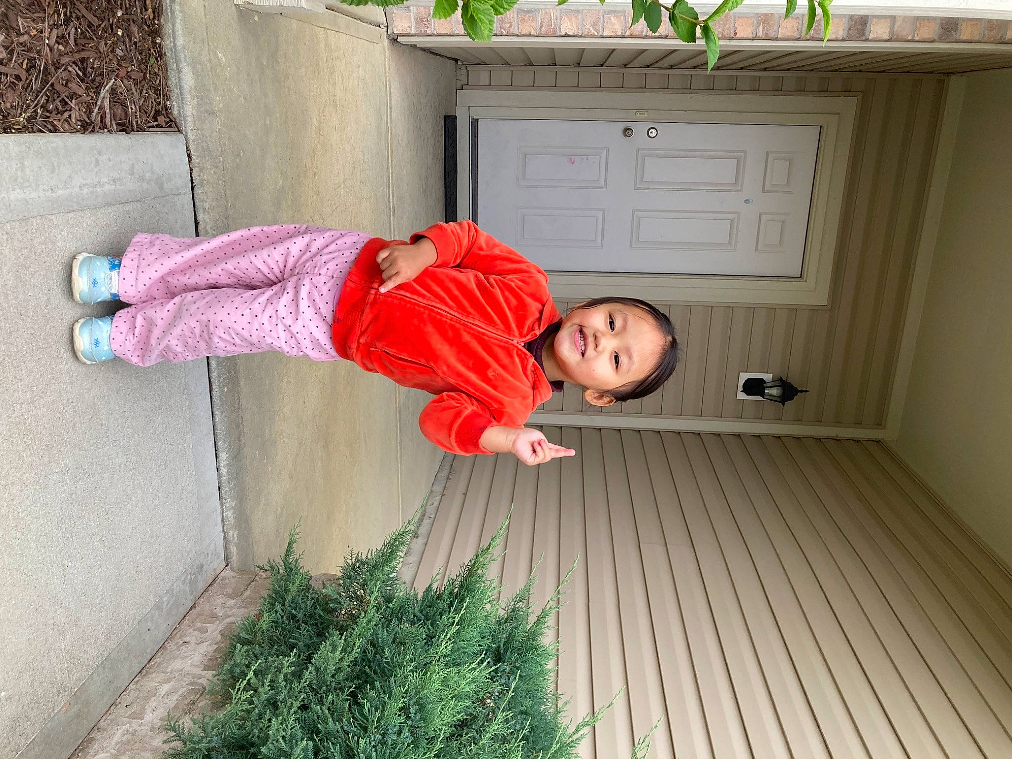 Hannah is registered to the contest to win money with this photo: door, flooring, garden, grass, grass_family, hardwood, hat, house, joy, leisure, people_in_nature, person, plant, shrub, siding, sitting, t_shirt, toddler, tree, wood