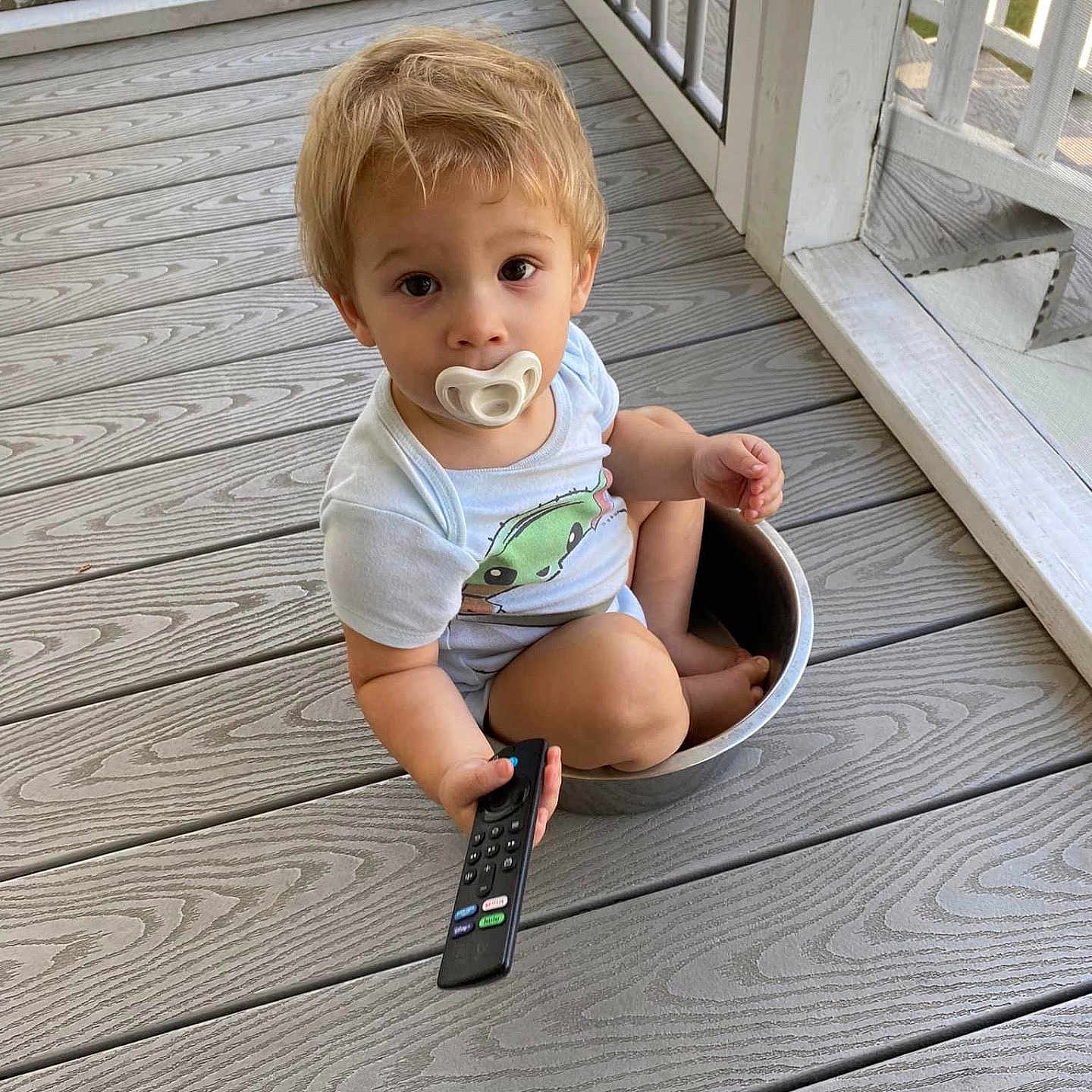 Sawyer joined the competition — help win amazing prizes! architecture, baby, building, electronics, face, hardwood, head, house, housing, indoors, interiordesign, person, photography, porch, portrait, racket, remotecontrol, sitting, sport, wood