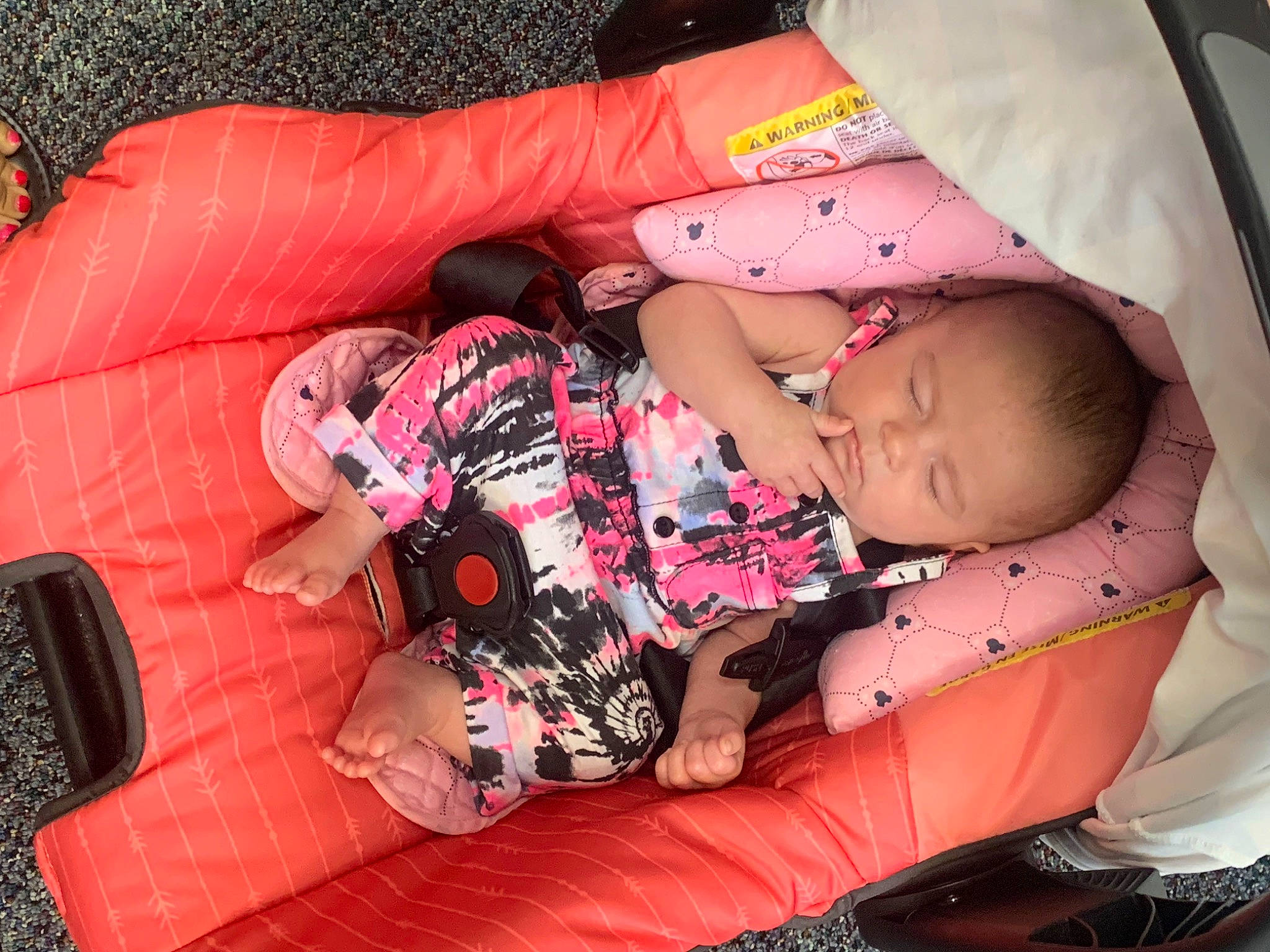 Lilyanna is registered to the contest to win money with this photo: baby, baby_carriage, baby_products, baby_toddler_clothing, car_seat, carmine, child, comfort, lap, nail, nap, pattern, person, pink, sitting, sleep, thigh, toddler, watch