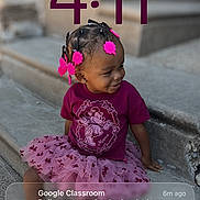 Journèe joined the competition — help win amazing prizes! child, toddler, girl, smiling, sitting, outdoor, steps, stairs, purple_clothing, dress, flower_hair_clips, braids, shoes, portrait, phone_screenshot, lock_screen, time_display, notification, google_classroom, concrete