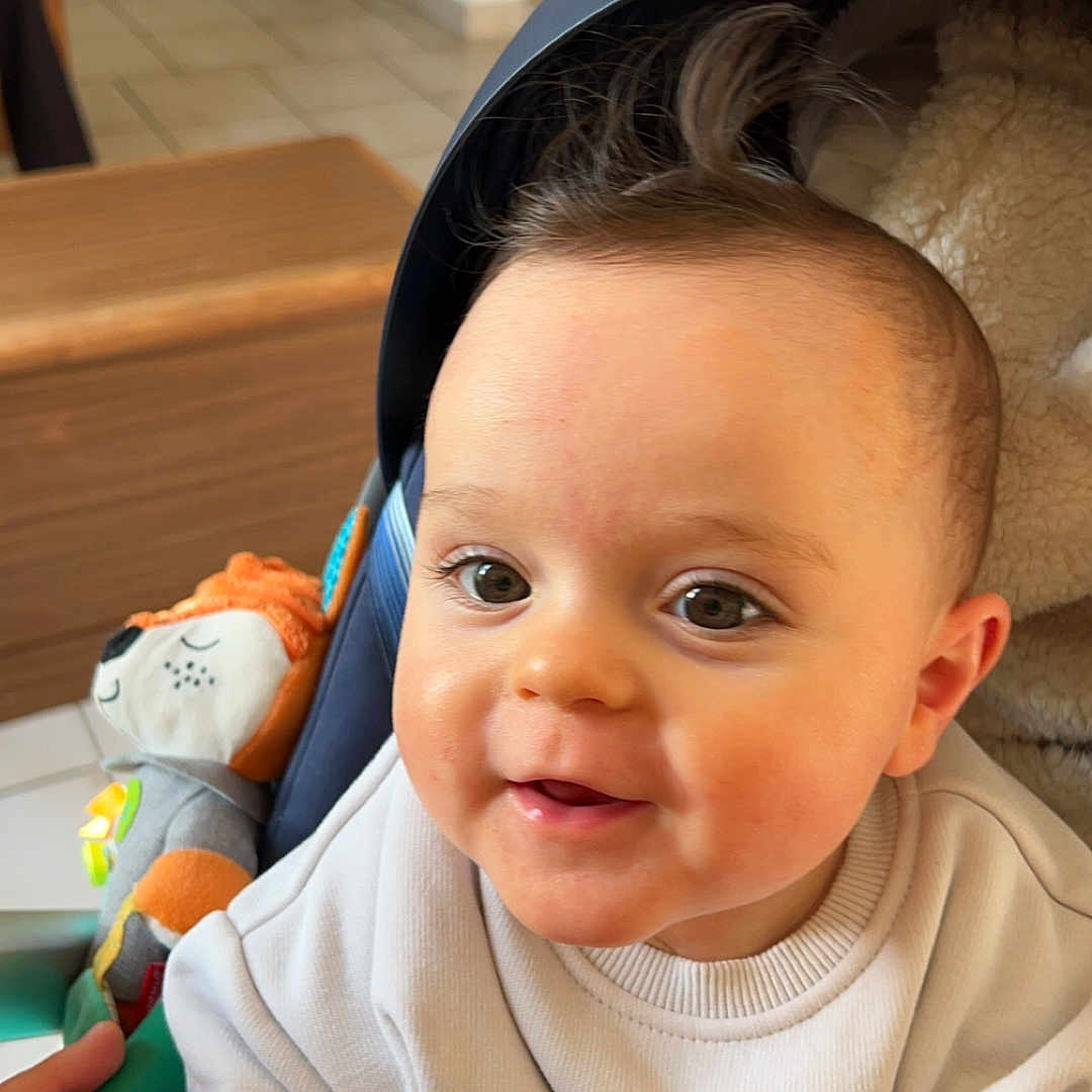 Jules participe au concours pour gagner de l'argent avec cette photo : accessories, baby, bag, bodypart, clothing, face, finger, hand, handbag, happy, head, knitwear, person, photography, portrait, smile, stroller, sweater, toy, wood