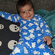 Rueben is registered to the contest to win money with this photo: baby, blanket, blue_clothing, child, comfort, cozy, cute, face, ghost_pattern, happy, indoor, pajamas, person, playful, portrait, sitting, skull_blanket, smiling, toddler, young_child