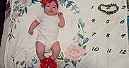 Ameerah is registered to the contest to win money with this photo: baby, infant, child, portrait, lying_down, floral_blanket, milestone_blanket, red_bow, bow_headband, red_socks, onesie, sleeping_area, indoor, top_down_view, face, eyes_open, cute, newborn, textile, numbered_blanket