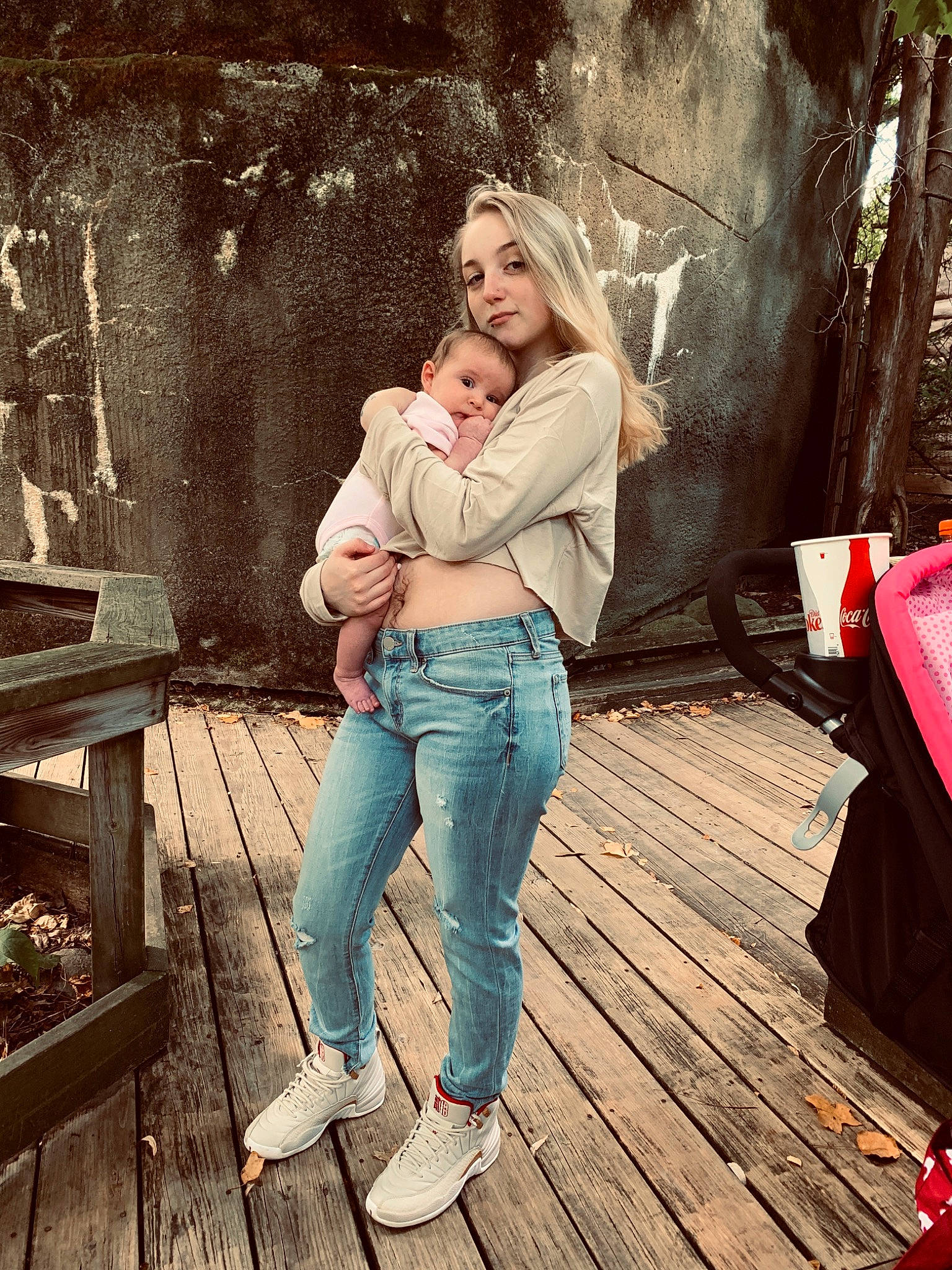 Aleeya joined the competition — help win amazing prizes! beauty, blond, cool, denim, fashion, footwear, fun, happy, jeans, leg, long_hair, person, photo_shoot, photography, pink, shoe, sitting, smile, tree, trousers