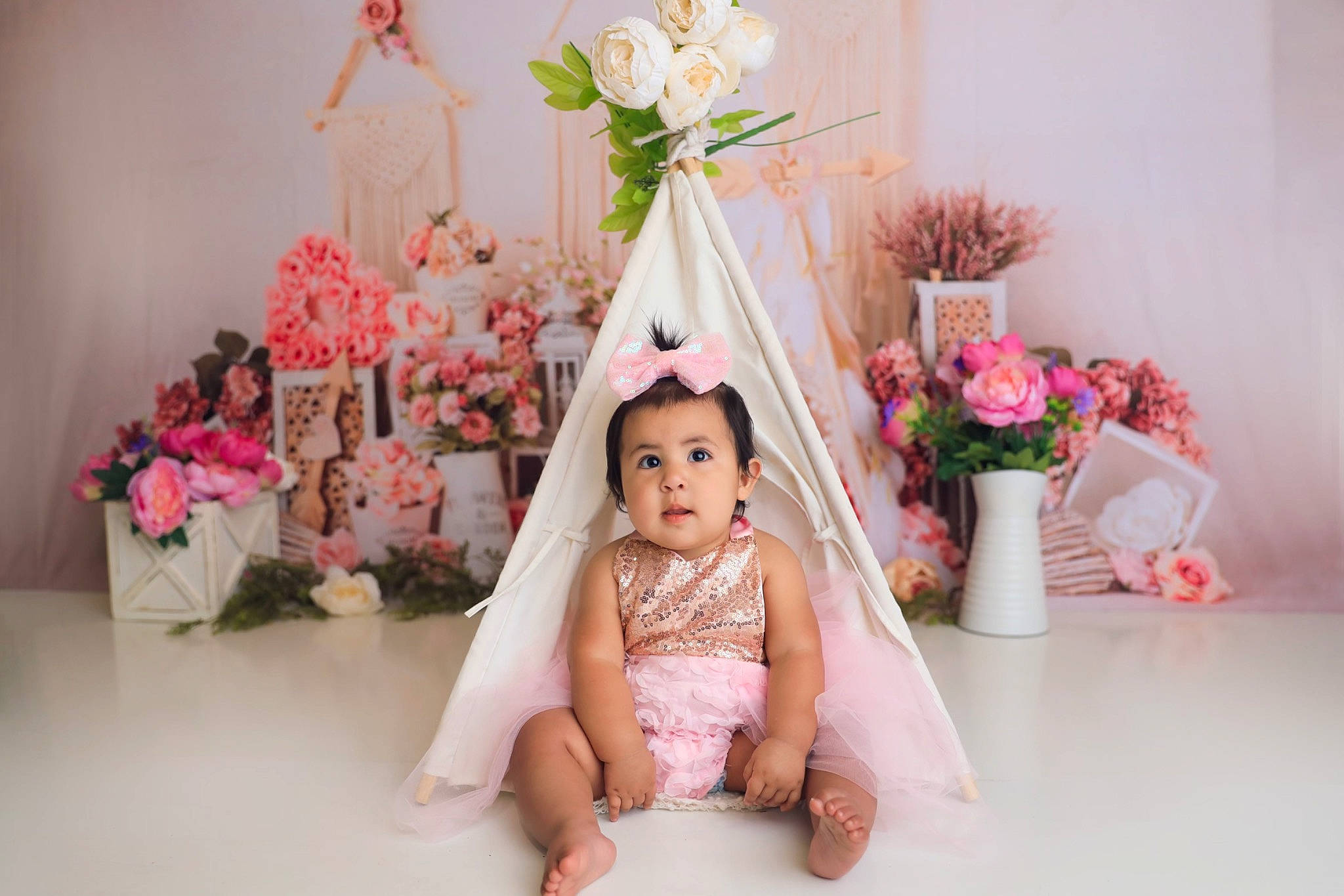 Nancylu is registered to the contest to win money with this photo: artificial_flower, baby, bouquet, bridal_clothing, child, cut_flowers, dress, event, flower, flower_arranging, happy, headpiece, magenta, peach, person, petal, pink, plant, rose, toddler