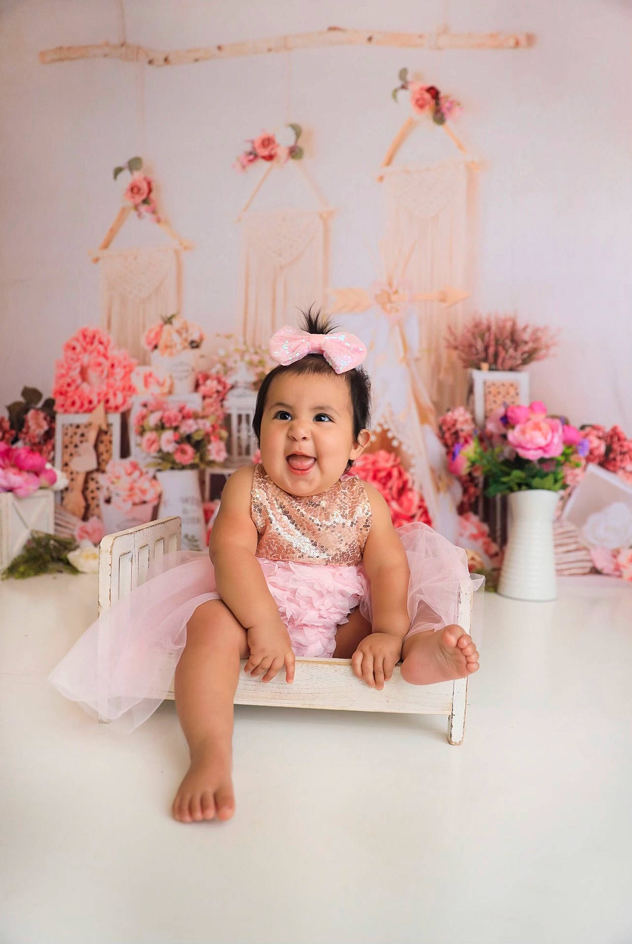 Nancylu is registered to the contest to win money with this photo: baby, baby_toddler_clothing, chair, child, dress, embellishment, event, flower_arranging, fun, happy, headpiece, peach, person, petal, picture_frame, pink, plant, smile, textile, toddler