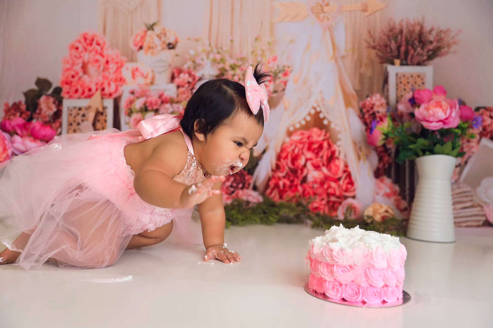 Nancylu joined the competition — help win amazing prizes! baby, cake_decorating, child, dress, event, flooring, floral_design, flower, flower_arranging, fun, happy, magenta, peach, person, petal, pink, plant, sugar_cake, textile, toddler