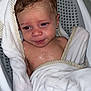 baby, towel, bath, wet, infant, face, skin, head, expression, water, bathtub, seat, striped, cloth, child, person, young, indoors, cute, wrapped