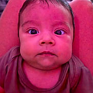 Hugo is registered to the contest to win money with this photo: baby, child, face, eyes, legs, shirt, cat_silhouette, indoor, blurred_background, teddy_bear, curious_expression, person, infant, pink_tint, seated, portrait, young_child, clothing, closeup, home