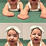 baby, infant, child, headband, smiling, cute, portrait, collage, green_background, quilt, happy, expressive, closeup, skin, arms, lying_down, indoors, adorable, clothing, person