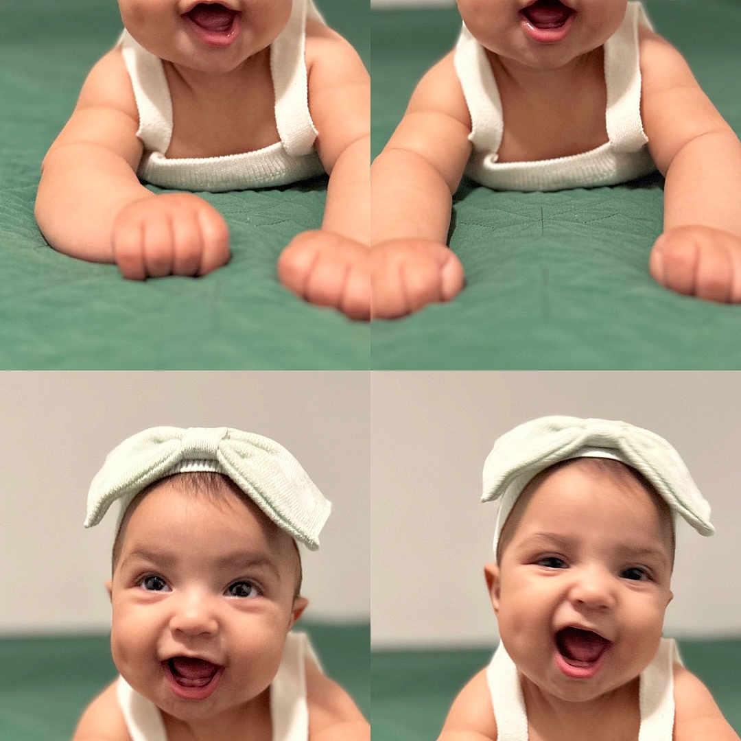 Aubrielle Leenda is registered to the contest to win money with this photo: adorable, arms, baby, child, closeup, clothing, collage, cute, expressive, green_background, happy, headband, indoors, infant, lying_down, person, portrait, quilt, skin, smiling