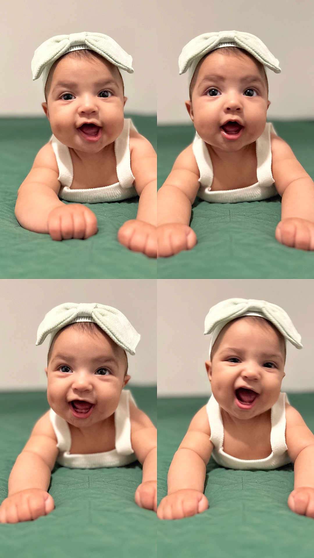 Aubrielle Leenda is registered to the contest to win money with this photo: baby, infant, child, headband, smiling, cute, portrait, collage, green_background, quilt, happy, expressive, closeup, skin, arms, lying_down, indoors, adorable, clothing, person
