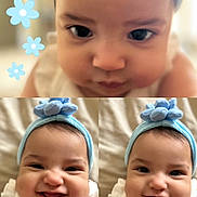 Aubrielle Leenda is registered to the contest to win money with this photo: baby, infant, child, smiling, blue_headband, flower, cute, closeup, portrait, white_outfit, happy, chubby_cheeks, indoors, bed, photography, headwear, three_images, collage, skin, person