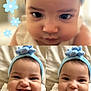 baby, infant, child, smiling, blue_headband, flower, cute, closeup, portrait, white_outfit, happy, chubby_cheeks, indoors, bed, photography, headwear, three_images, collage, skin, person