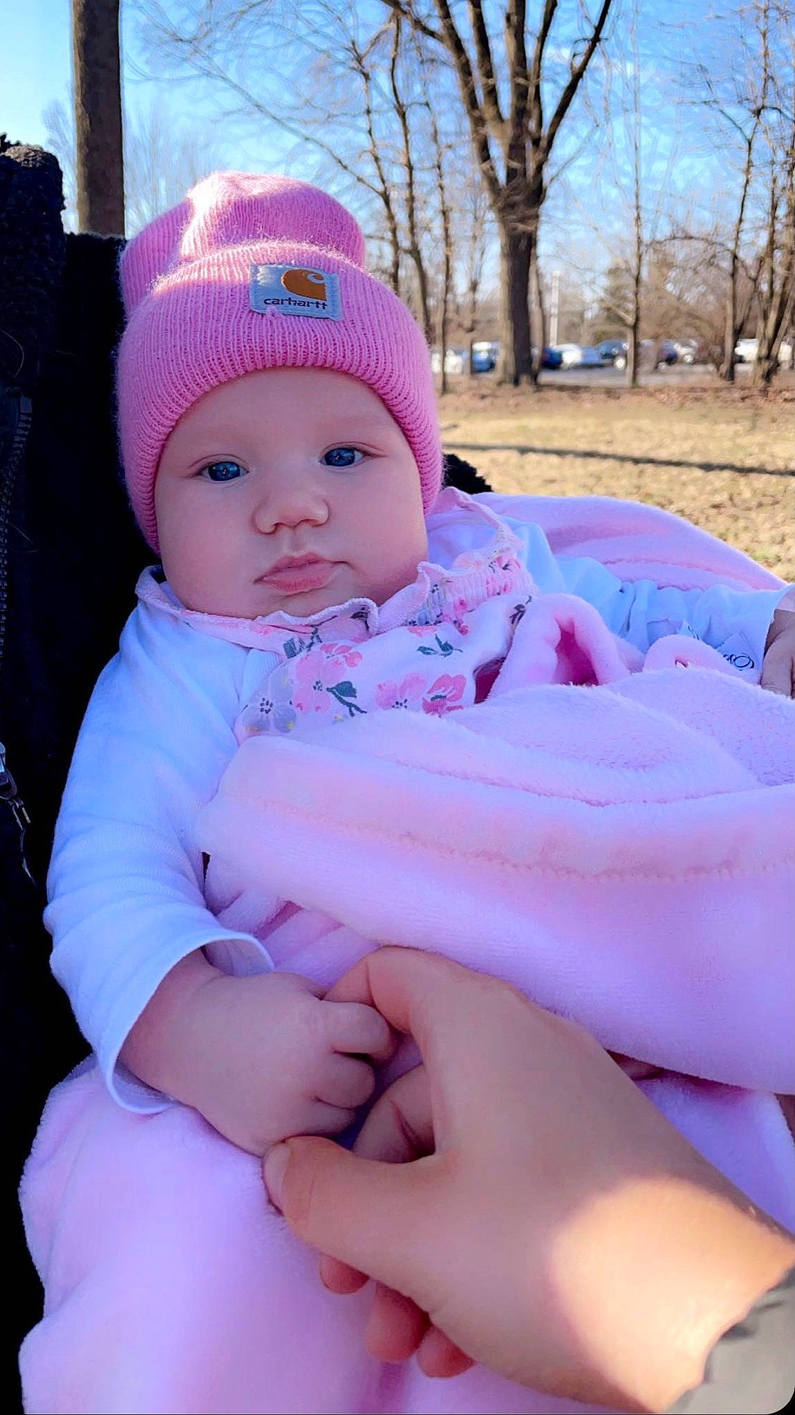 Hadlee joined the competition — help win amazing prizes! baby, baby_products, baby_toddler_clothing, cap, child, eye, face, grass, happy, headgear, headwear, knit_cap, lip, magenta, person, pink, plant, purple, skin, toddler