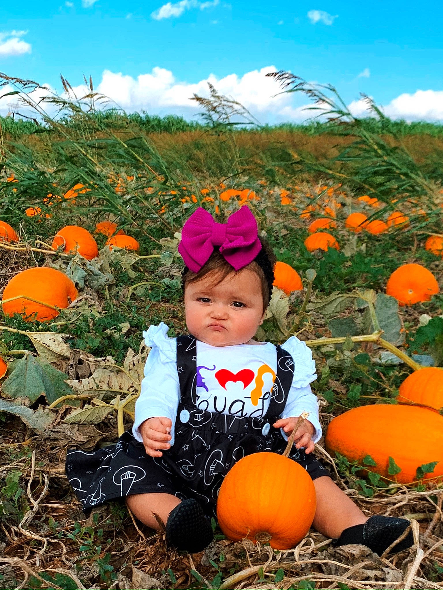 Jayleen joined the competition — help win amazing prizes! calabaza, child, cucurbita, farm, fruit, gourd, grass, orange, people_in_nature, person, plant, pumpkin, sky, squash, toddler, vegetable, vegetarian_food, winter_squash