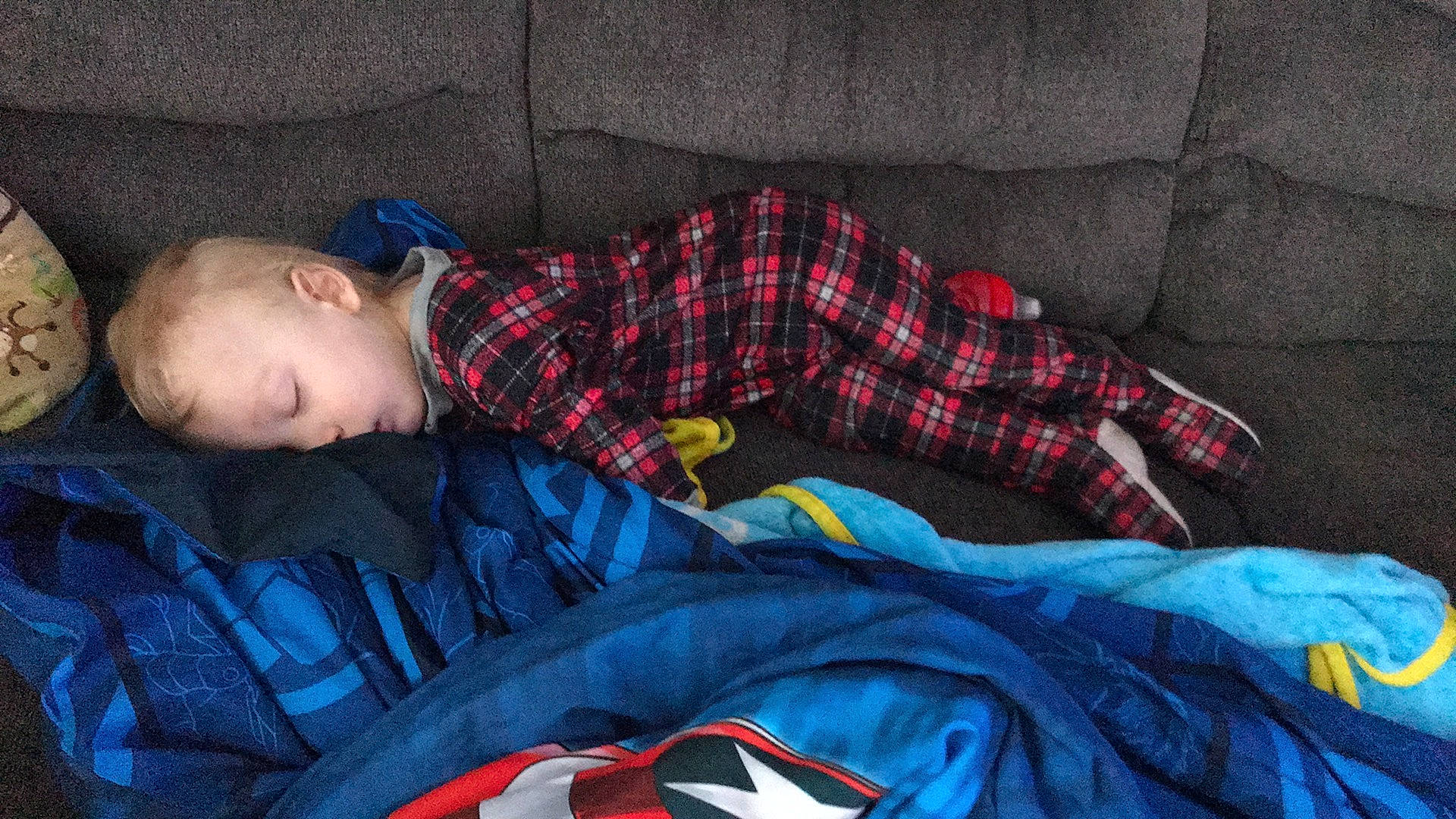 Bryan joined the competition — help win amazing prizes! azure, baby, baby_toddler_clothing, carmine, comfort, couch, electric_blue, grey, linens, nap, pattern, person, plaid, purple, red, room, sitting, sleeve, tartan, textile