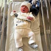 Maécio participe au concours pour gagner de l'argent avec cette photo : newborn, baby, infant, hospital_bassinet, knitwear, hat, socks, pacifier_clip, plush_toy, sleeping, indoors, person, cute, baby_clothes, crib, white, gray, soft_toy, resting, peaceful