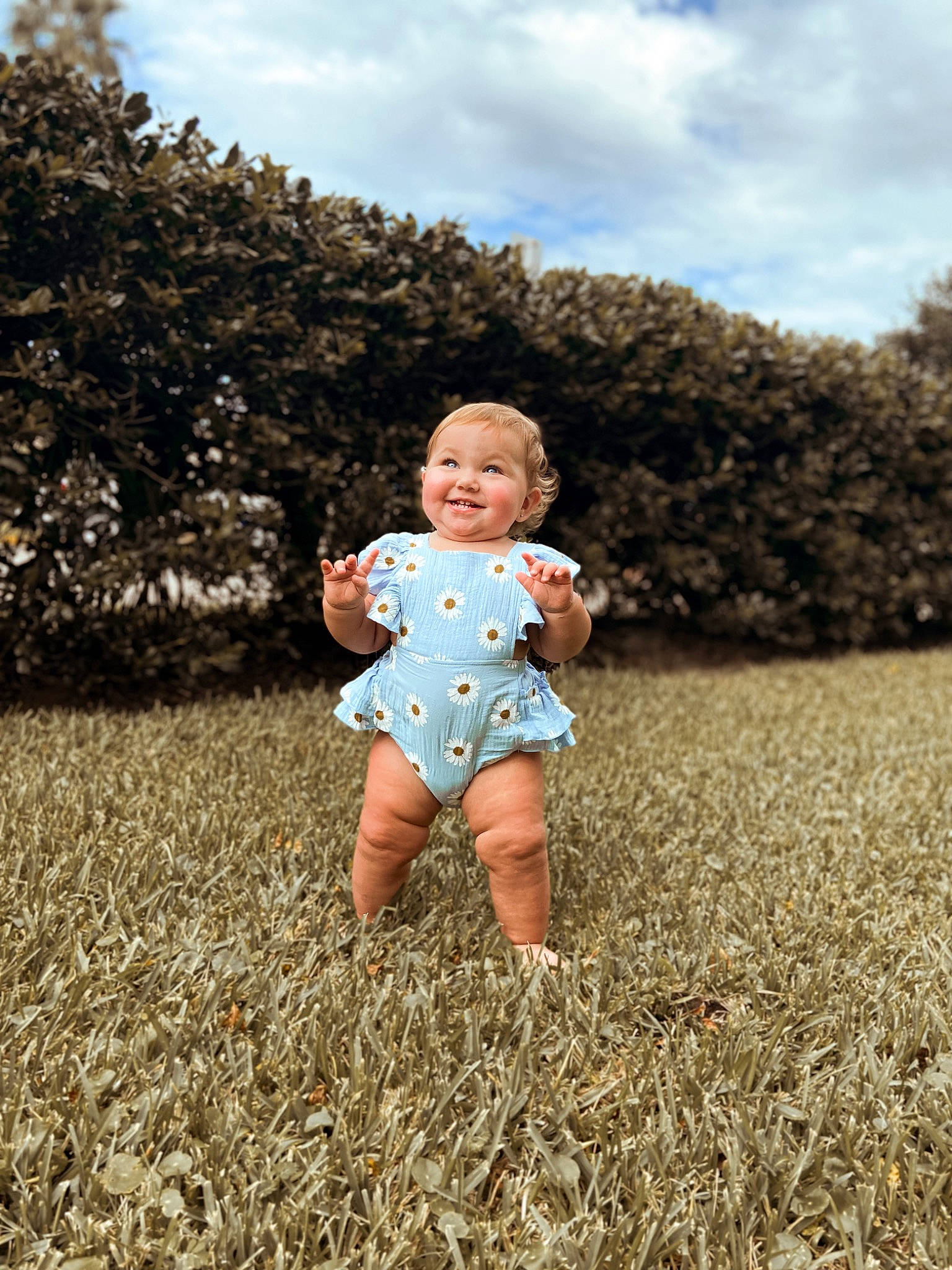 Kaelynn joined the competition — help win amazing prizes! baby_toddler_clothing, cloud, flash_photography, fun, gesture, grass, happy, head, human, joy, leaf, nature, people_in_nature, person, plant, sky, smile, standing, sunlight, toddler