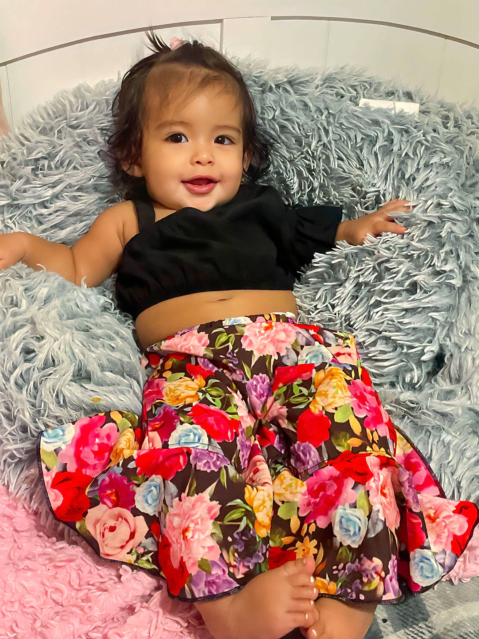 Scarlett Rose joined the competition — help win amazing prizes! abdomen, baby_toddler_clothing, eye, facial_expression, flower, fun, hairstyle, happy, human_body, human_leg, joy, pattern, people_in_nature, person, petal, pink, skin, smile, thigh, toddler