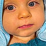 baby, child, face, blue_eyes, towel, close_up, skin, eyelashes, curious, portrait, infant, soft_texture, cute, warm, head, wrapped, young, fresh, indoors, expression