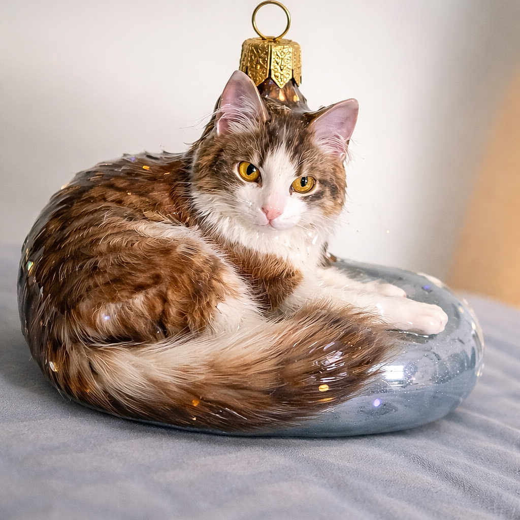 Kitty participe au concours pour gagner de l'argent avec cette photo : cat, animal, pet, feline, ornament, decor, holiday, curled_up, fur, yellow_eyes, cute, indoor, resting, close_up, soft, shiny, round, face, whiskers, pink_nose