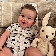 Mathéo participe au concours pour gagner de l'argent avec cette photo : baby, child, smiling, onesie, whale_pattern, stuffed_bunny, plush_toy, blanket, pillow, cozy, indoor, cute, happy, portrait, soft_toy, infant, candid, seated, comfort, home