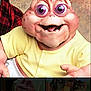 animation, baby, baby_dinosaur, cartoon_character, character_design, close_up, digital_art, dinosaur, fantasy, fictional_character, interface, large_eyes, mobile_screen, pink_skin, portrait, screenshot, search_bar, smiling, toy, yellow_shirt